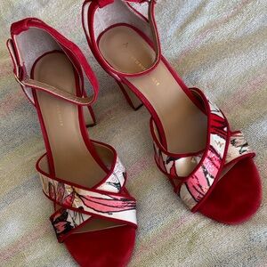 Anthropologie Red Suede Brocade block heel ankle strap sandals size 10